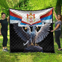Black quilt featuring Serbian flag colors and double-headed eagle emblem with spread wings.