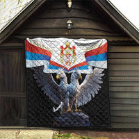 Black quilt hanging in doorway with Serbian flag banner and double-headed eagle crest.