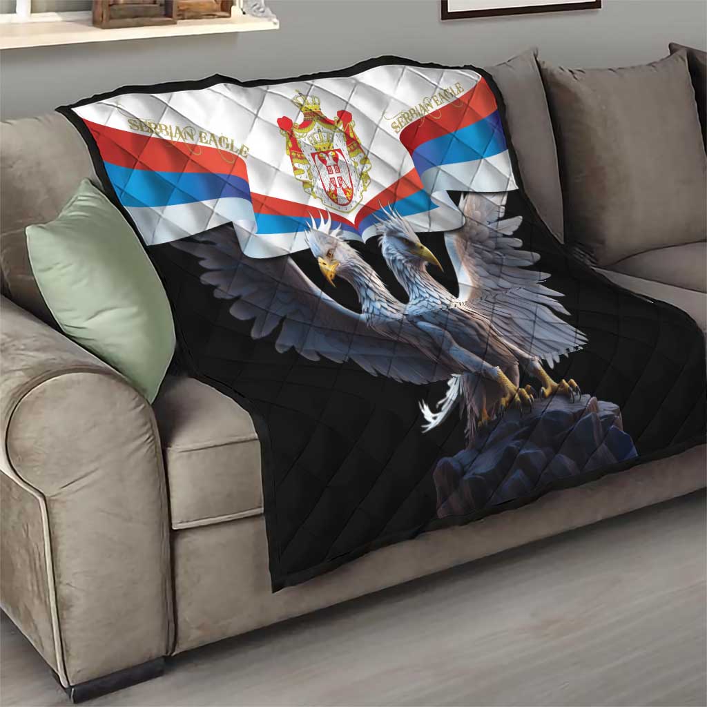 Sofa throw quilt in black with Serbian flag design and double-headed eagle emblem.