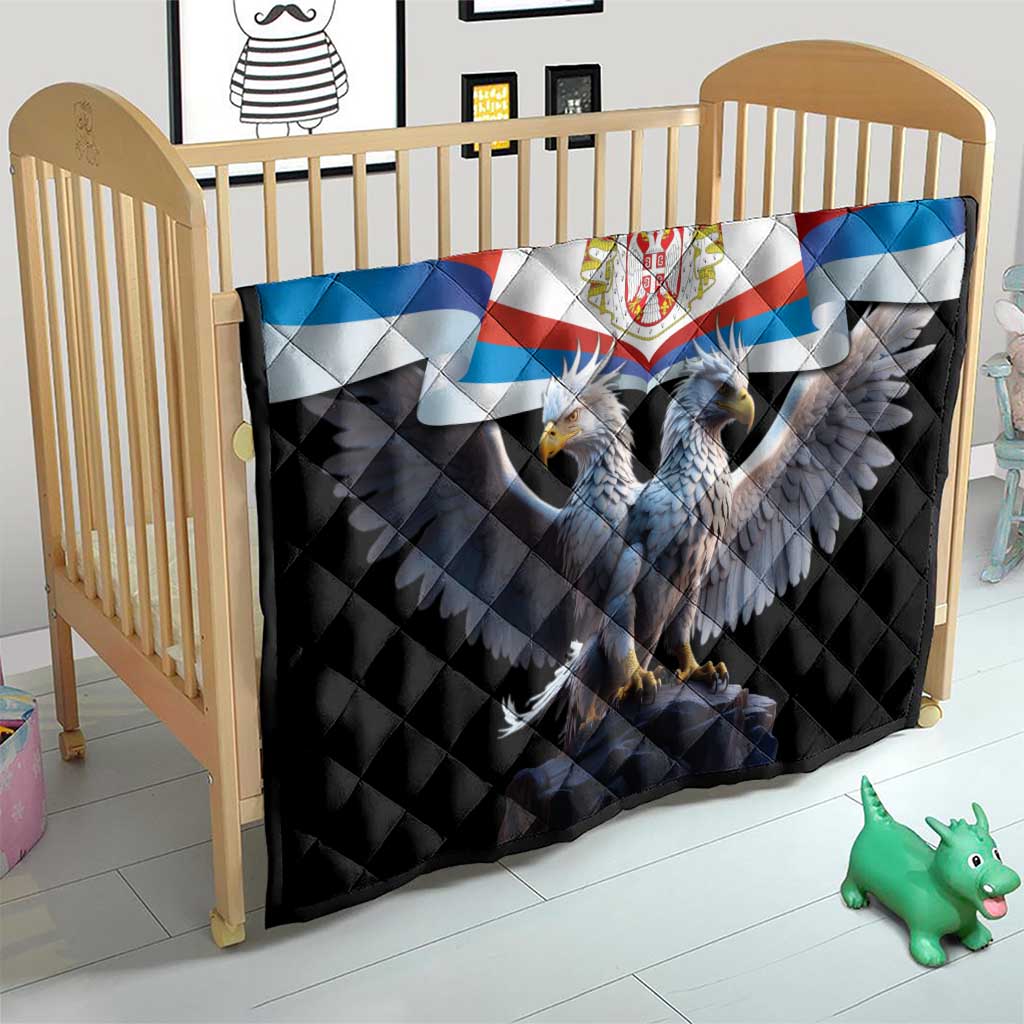Black baby bed quilt with Serbian flag stripes and double-headed eagle crest illustration.
