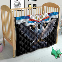 Black baby bed quilt with Serbian flag stripes and double-headed eagle crest illustration.