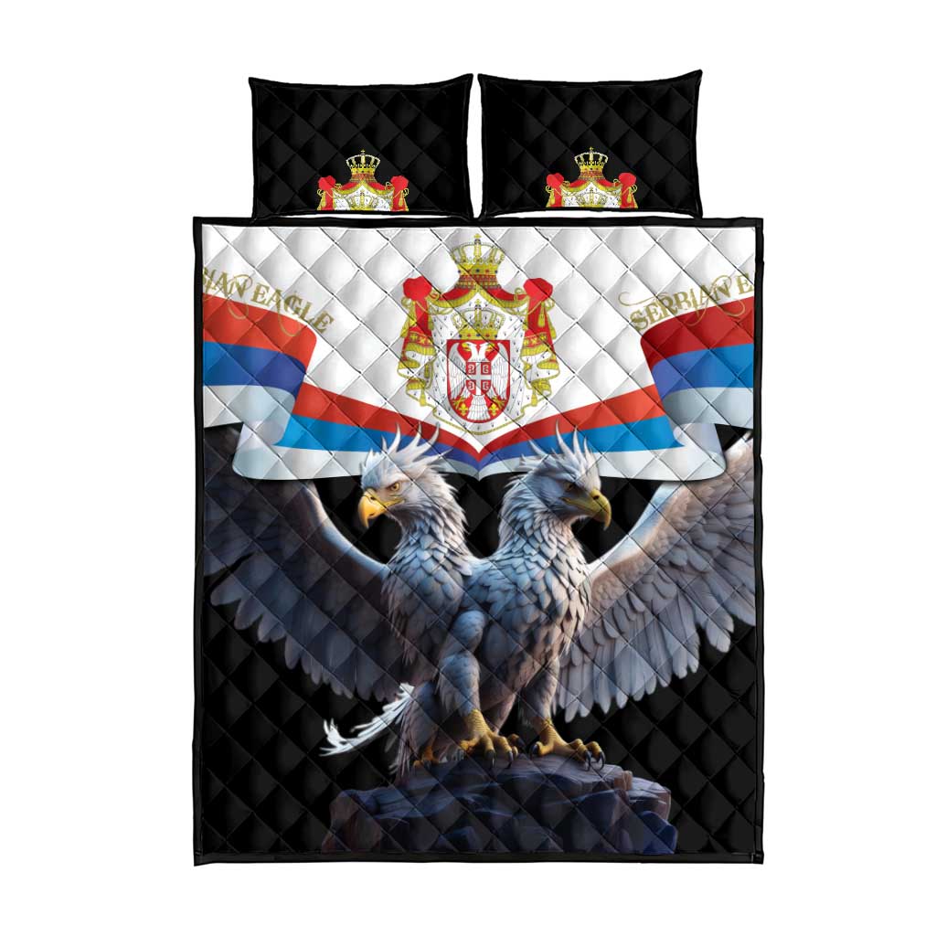 Black quilt bed set with Serbia flag panel, double-headed eagle wings, and matching pillows