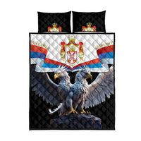 Black quilt bed set with Serbia flag panel, double-headed eagle wings, and matching pillows
