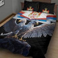 Black quilt bed set with Serbia flag and large blue eagle head on quilted surface