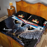Black quilt bed set with Serbia crest and blue eagle wings, quilted black pillows