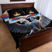 Black quilt bed set with Serbia flag stripe center and blue eagle on bed with pillows