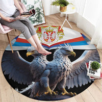 Round black carpet with Serbian crest and two blue-gray eagles, circular view