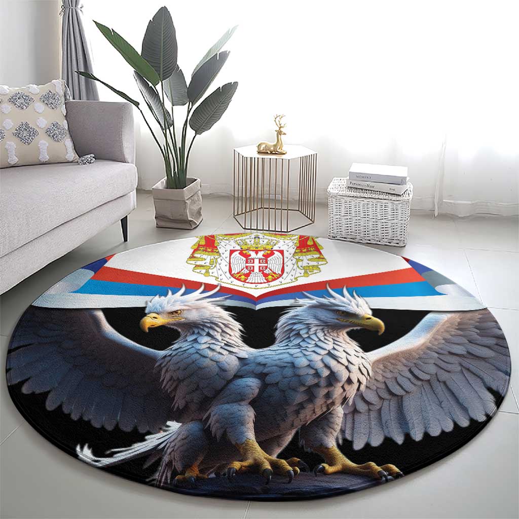 Round black carpet with Serbian crest panel and two blue-gray eagles, full design