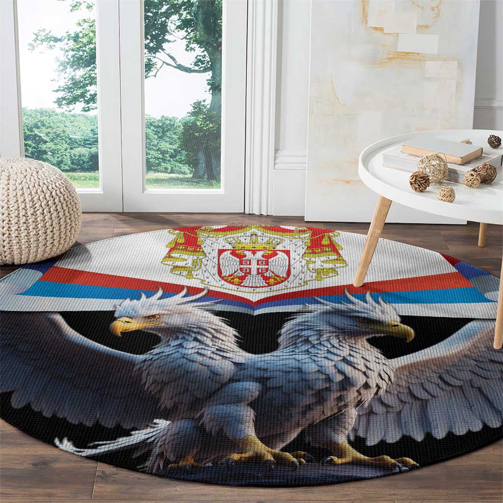 Round black carpet with Serbian flag stripes and two blue-gray eagles, centered