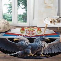 Round black carpet with Serbian flag stripes and two blue-gray eagles, centered