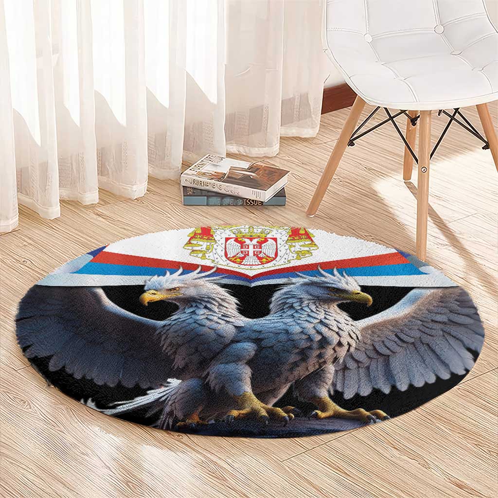 Round black circular carpet with Serbian crest and two blue-gray eagles, angled view