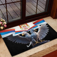 Black rubber doormat with Serbia flag and double-headed eagle graphic, diagonal view