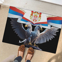 Black rubber doormat with Serbia flag and double-headed eagle graphic