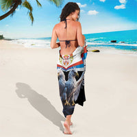 Black Serbia crest sarong with double-headed eagle design, back view beach wrap