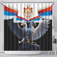 Black shower curtain with centered Serbian flag and double-headed eagle, hanging from rod.