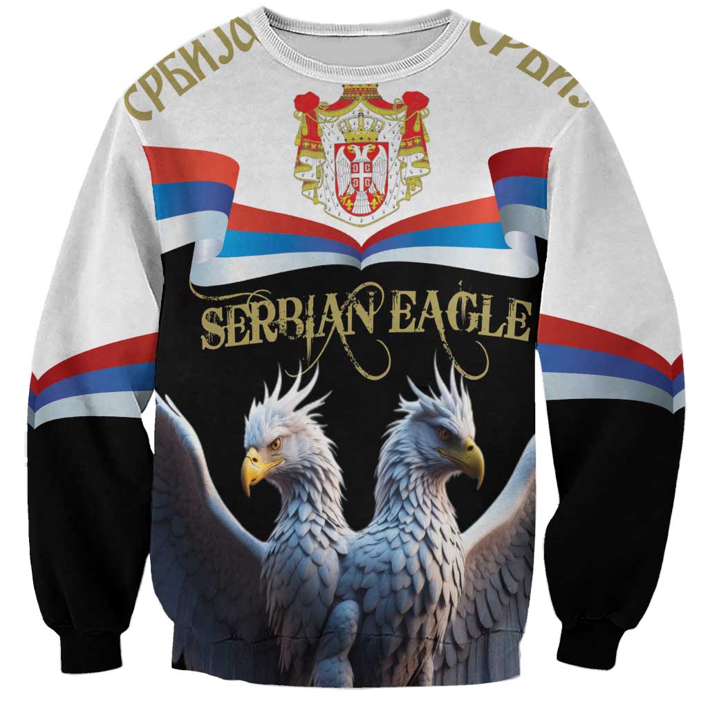 Light gray sweatshirt with black sleeves and Serbia eagle crest graphic