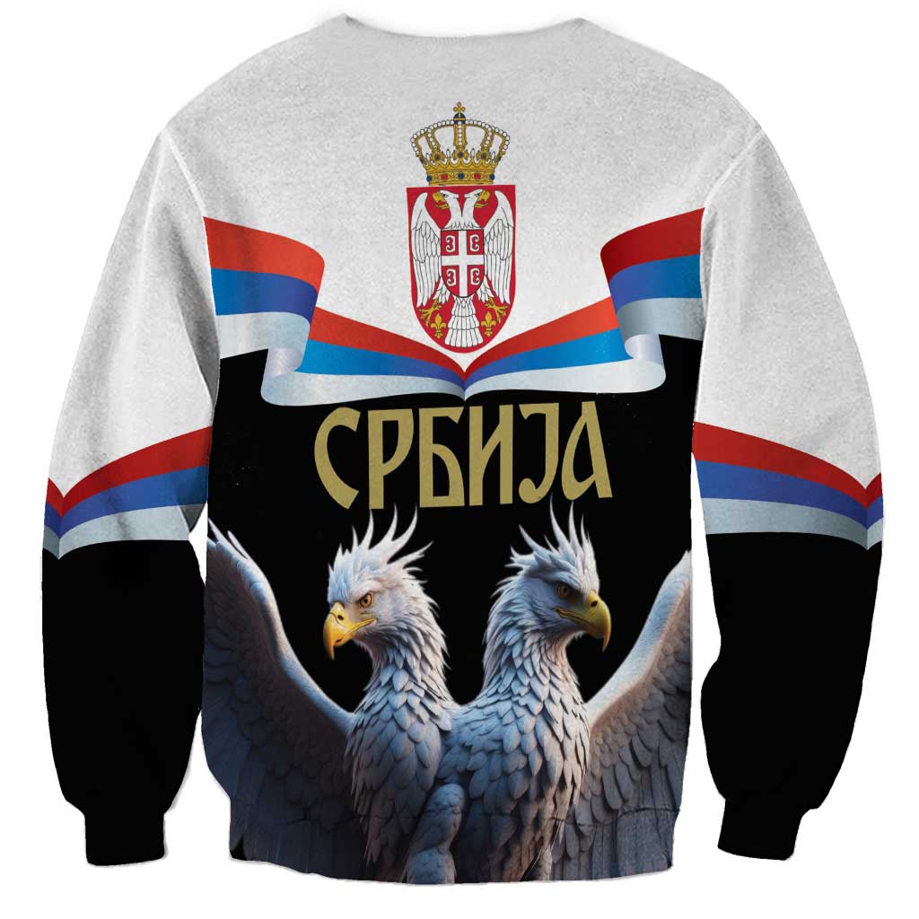 Light gray sweatshirt with black sleeves, Serbia flag banner and eagle crest