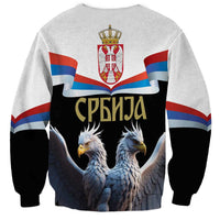 Light gray sweatshirt with black sleeves, Serbia flag banner and eagle crest