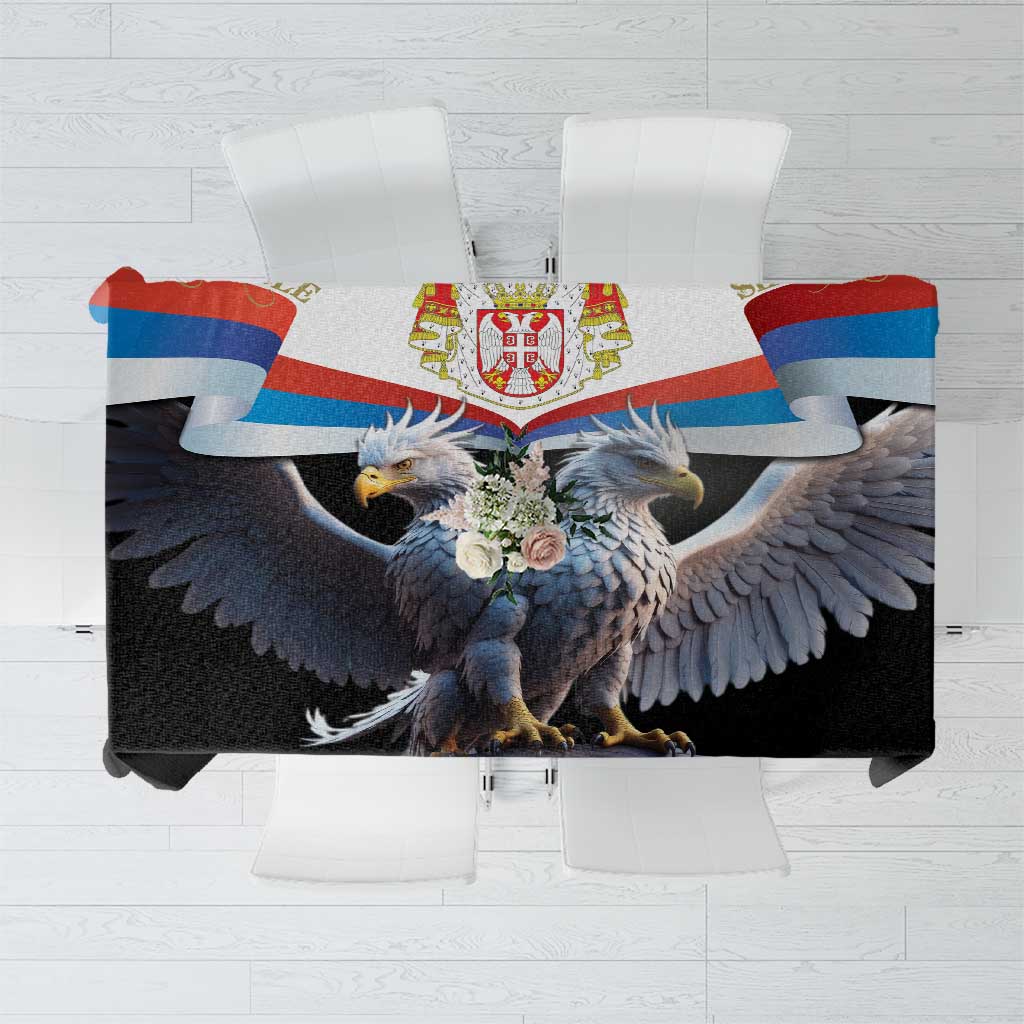 Black tablecloth with Serbian crest and eagles motif, full-width front view