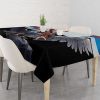 Black tablecloth with double-headed eagle graphic and blue-red crest center