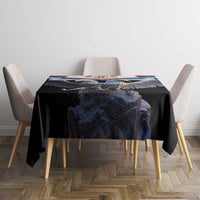 Black tablecloth with eagle wings and Serbian crest across tabletop