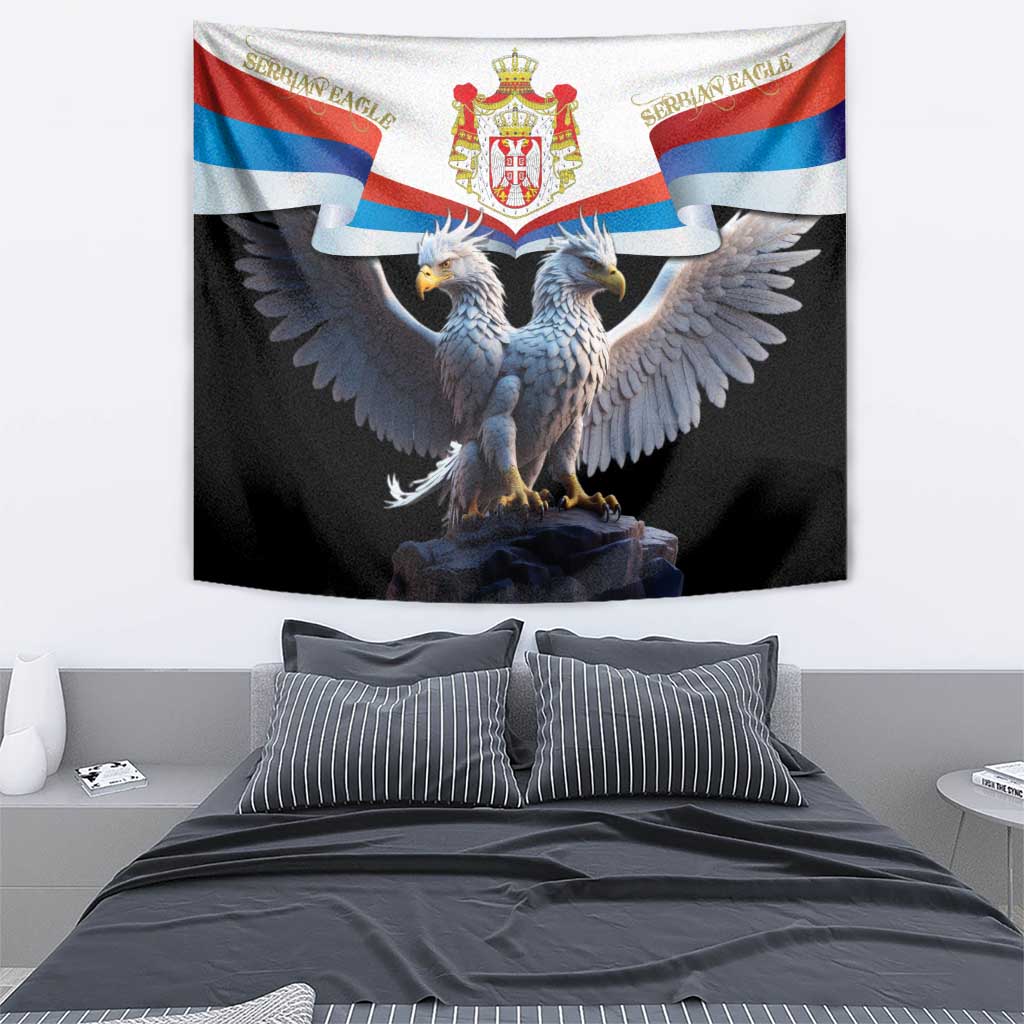 Serbia double-headed eagle wall tapestry, black with blue-and-red flags and crest