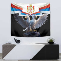 Serbia double-headed eagle wall tapestry, black with crest, blue-and-red flags, wings