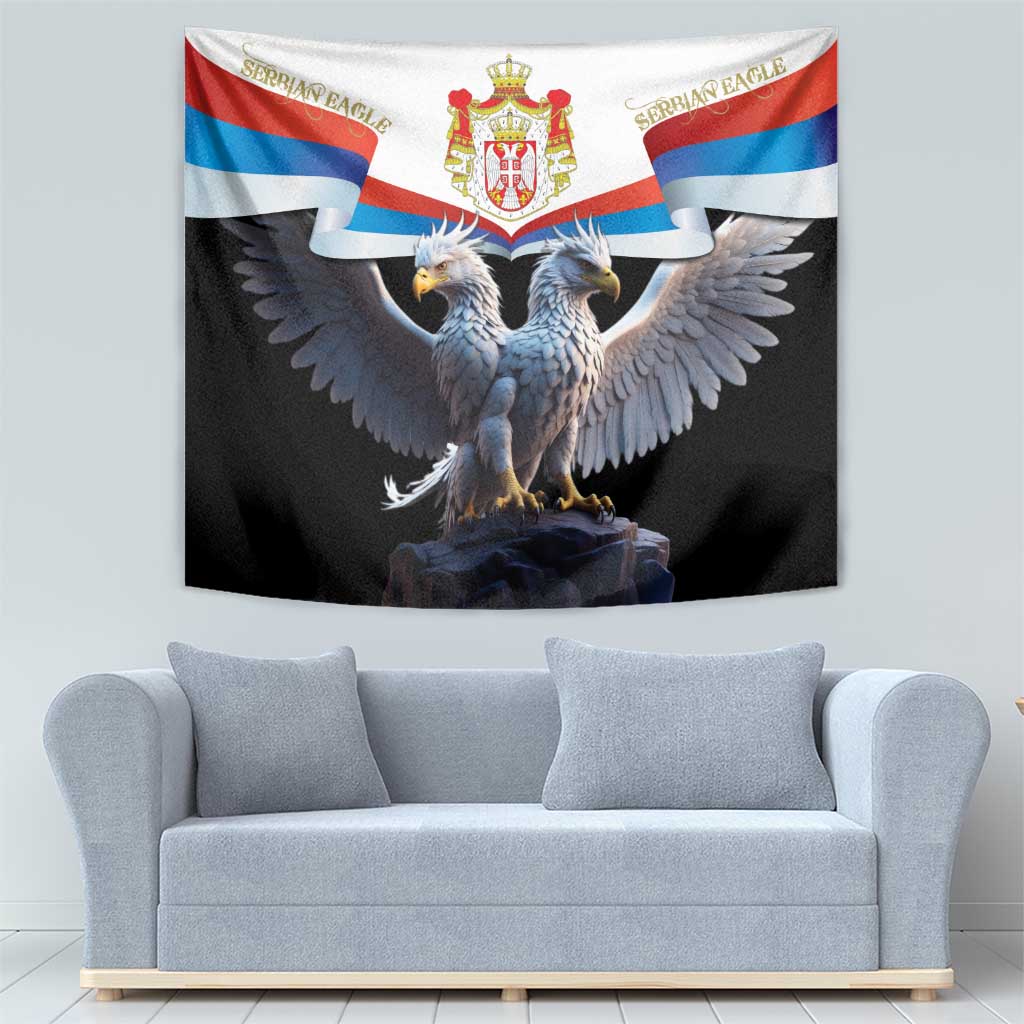 Serbia double-headed eagle wall tapestry, black with crowned crest and spread wings