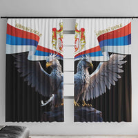 Black window curtain with Serbian double-headed eagle and flag print, full view