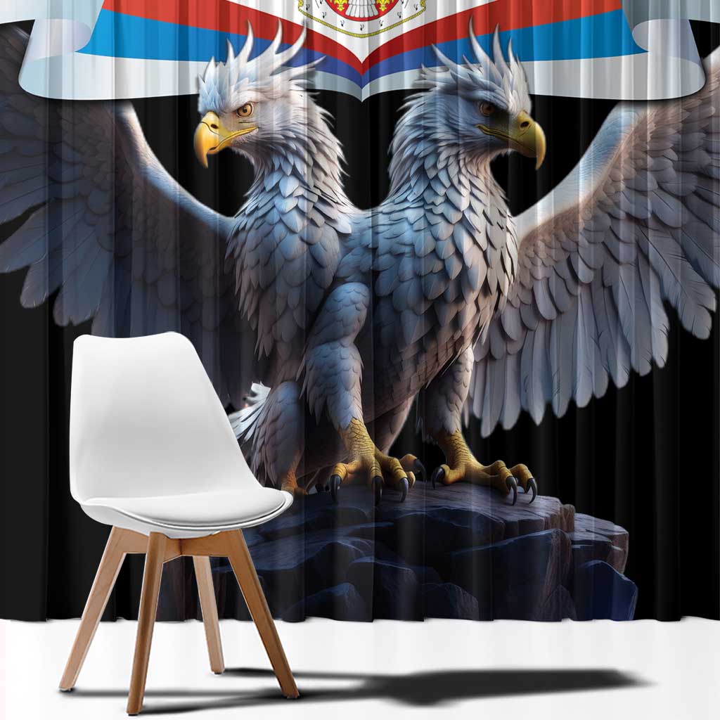 Black window curtain featuring two blue-gray eagles and Serbian flag design