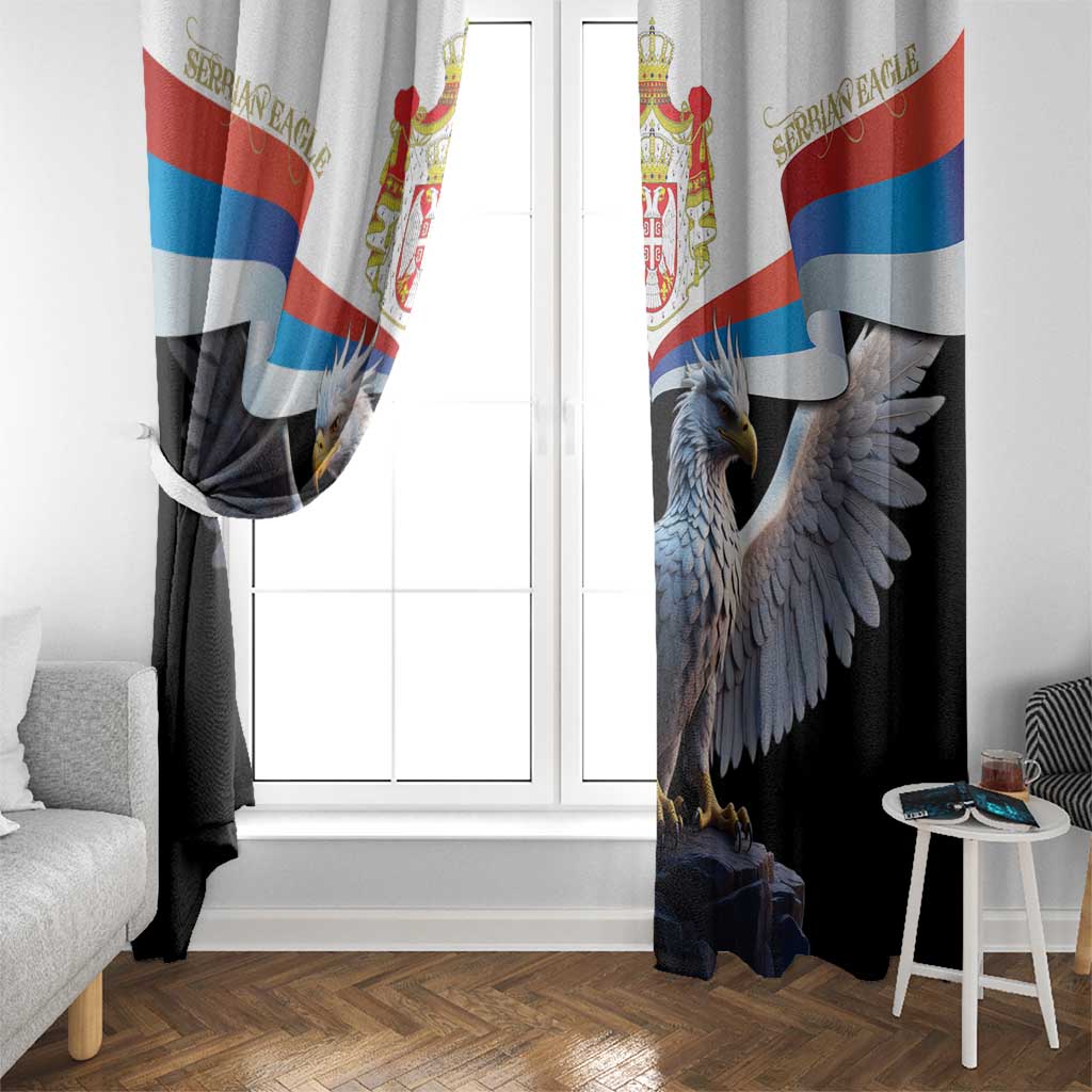Black and white window curtains with Serbian eagle and flag print, door-side view