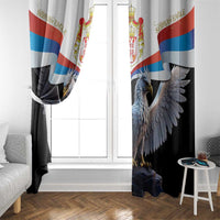 Black and white window curtains with Serbian eagle and flag print, door-side view
