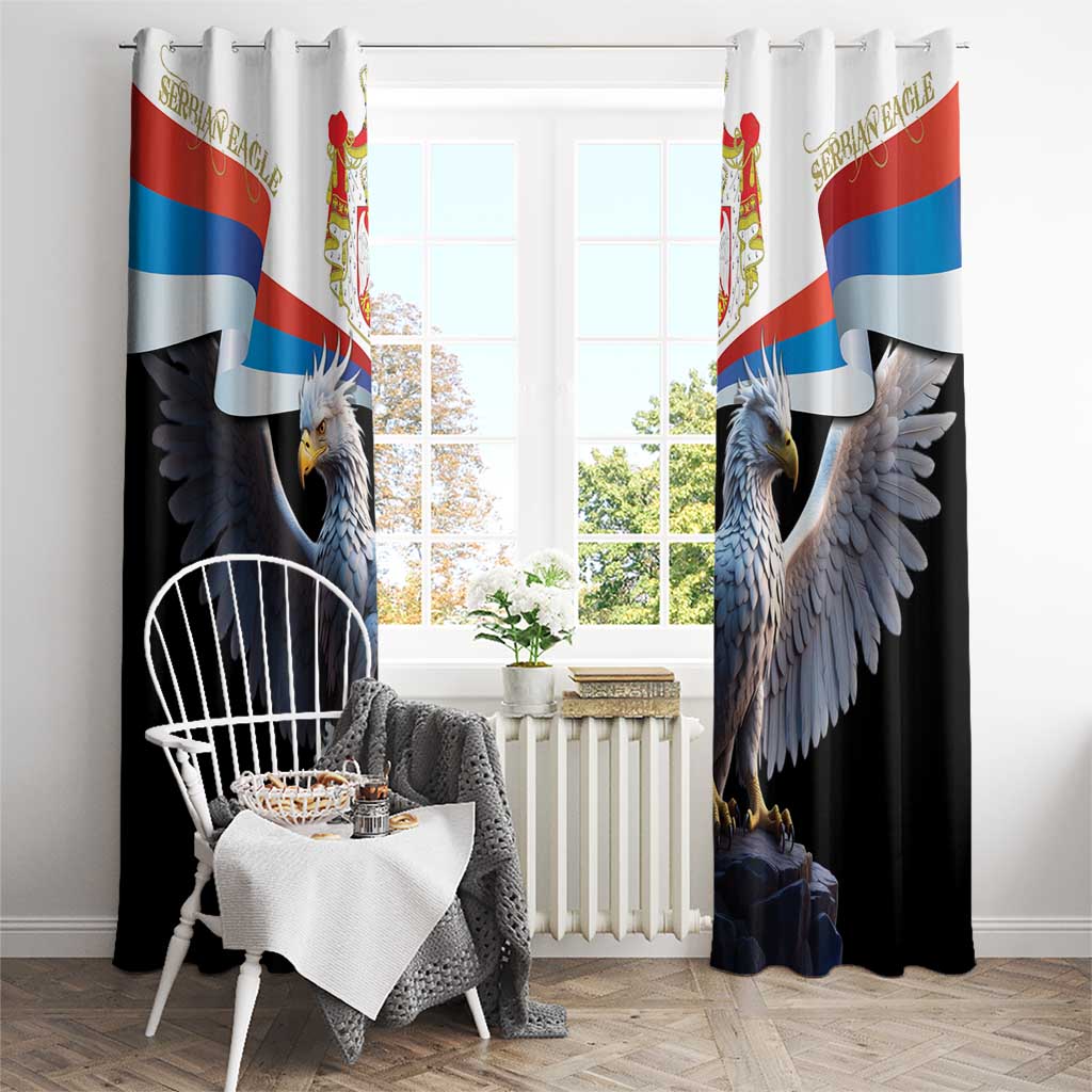 Black window curtains with Serbian eagle and flag print, centered over window