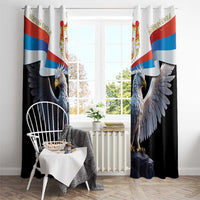 Black window curtains with Serbian eagle and flag print, centered over window