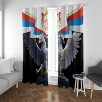 Black window curtain pair with Serbian eagle and flag print, bright window backdrop