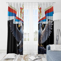 Black window curtains with Serbian double-headed eagle flag print, set in bright room