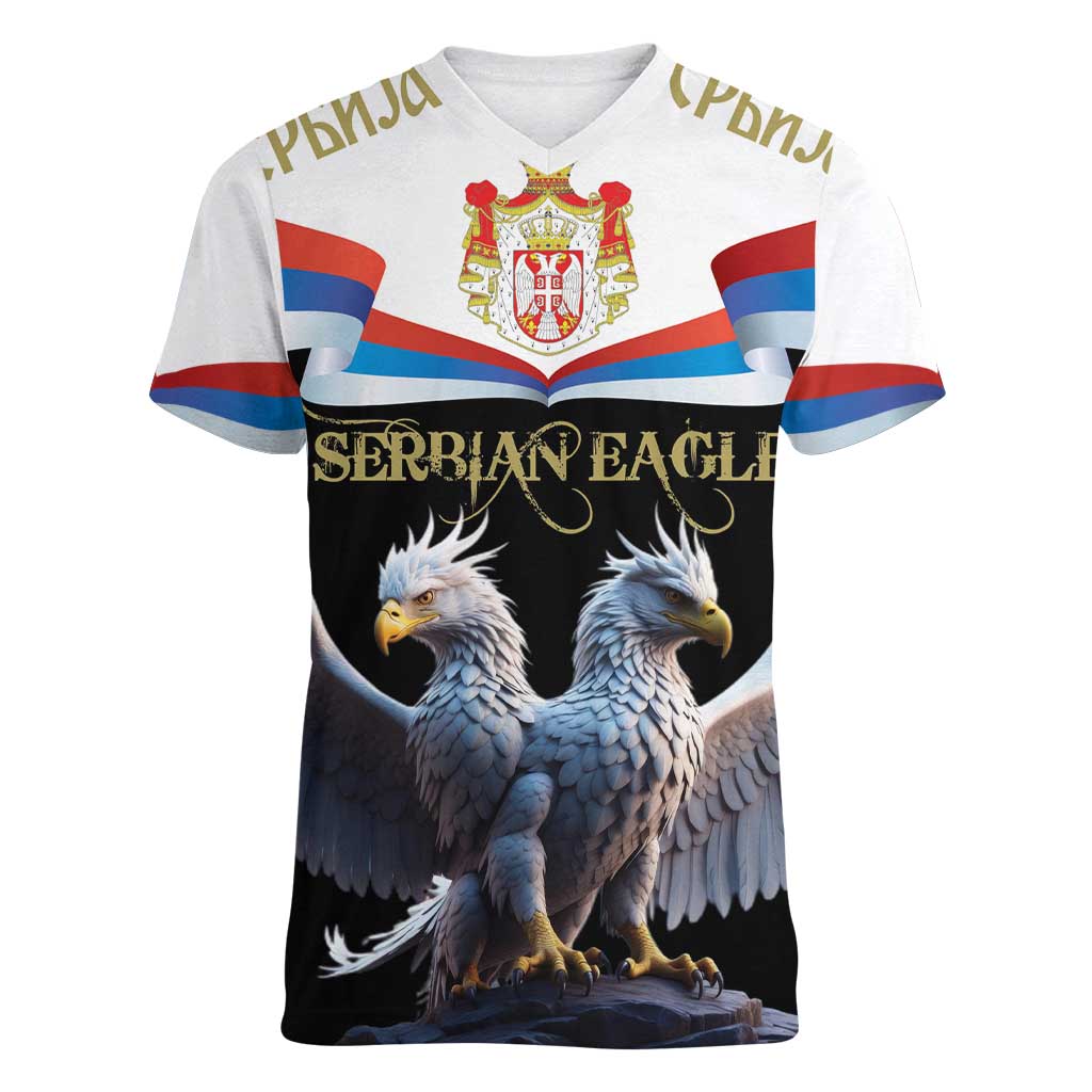 Serbia Silver Double-headed Eagle Women V-Neck T-Shirt - Wonder Print Shop