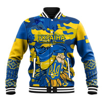 Unisex blue/yellow camo baseball jacket, bold front graphic, snap-button front