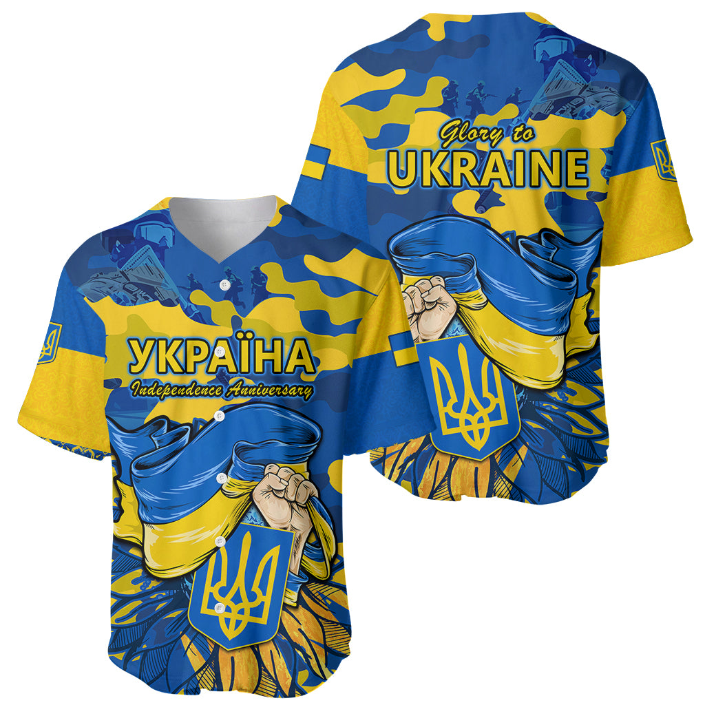 Two blue and gold baseball jerseys showing front and back with emblems