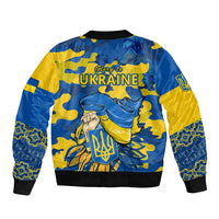 Unisex blue and yellow bomber jacket with ribbed hem and large back patriotic graphic
