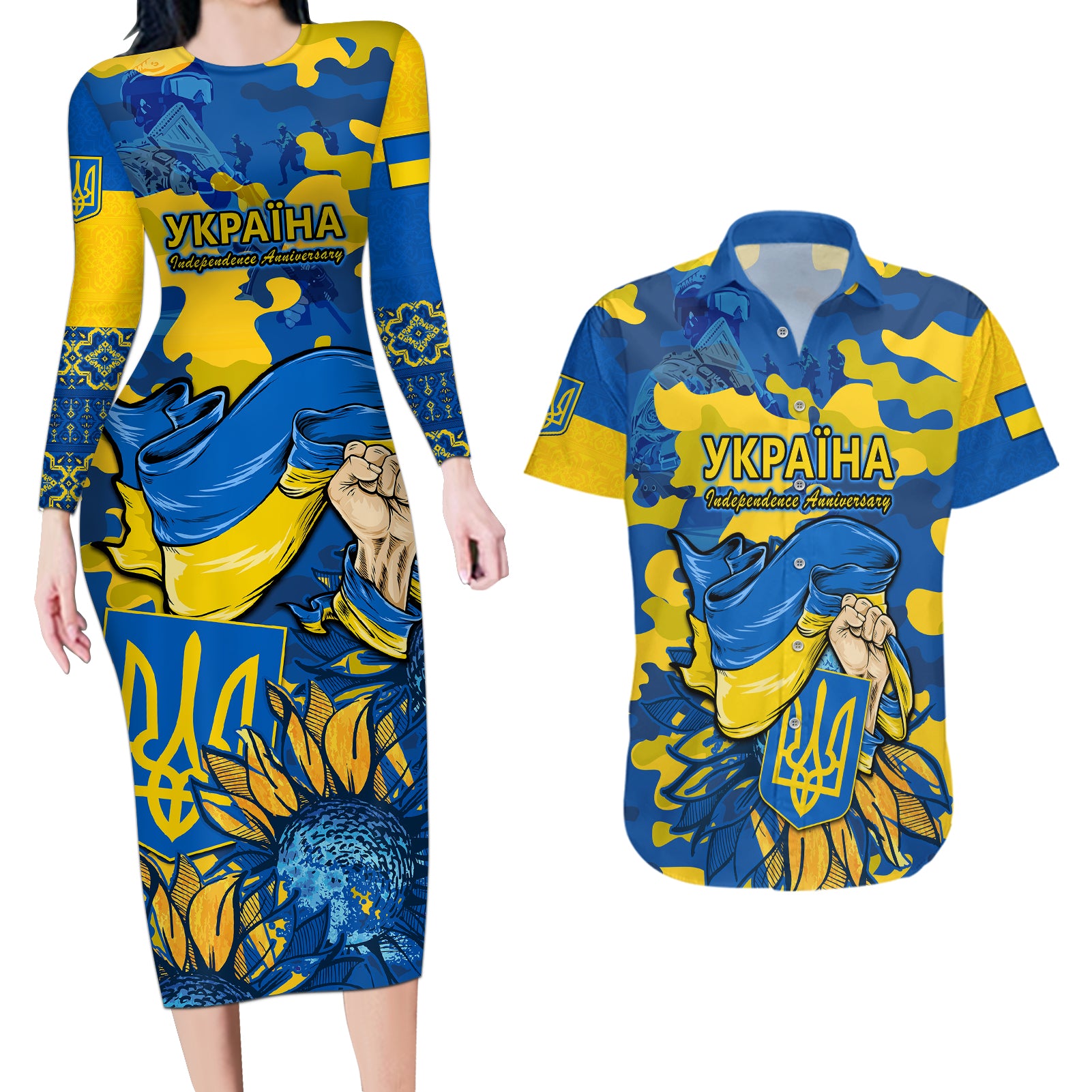 Ukraine Couples Matching Long Sleeve Bodycon Dress and Hawaiian Shirt Glory To Ukraine 32nd Independence Anniversary LT9 - Wonder Print Shop