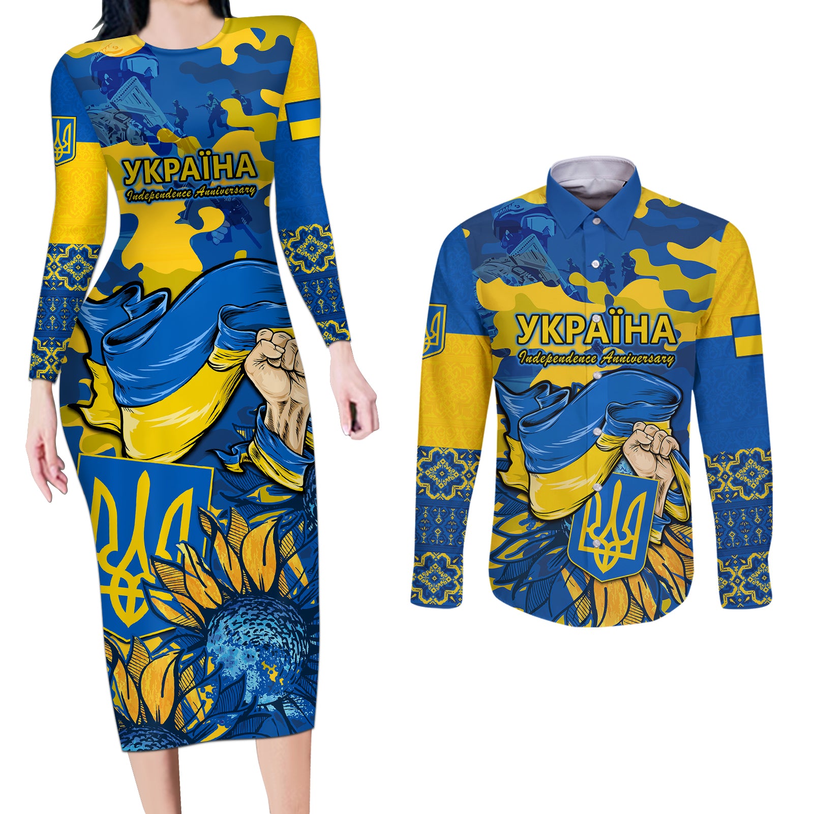 Ukraine Couples Matching Long Sleeve Bodycon Dress and Long Sleeve Button Shirts Glory To Ukraine 32nd Independence Anniversary LT9 - Wonder Print Shop