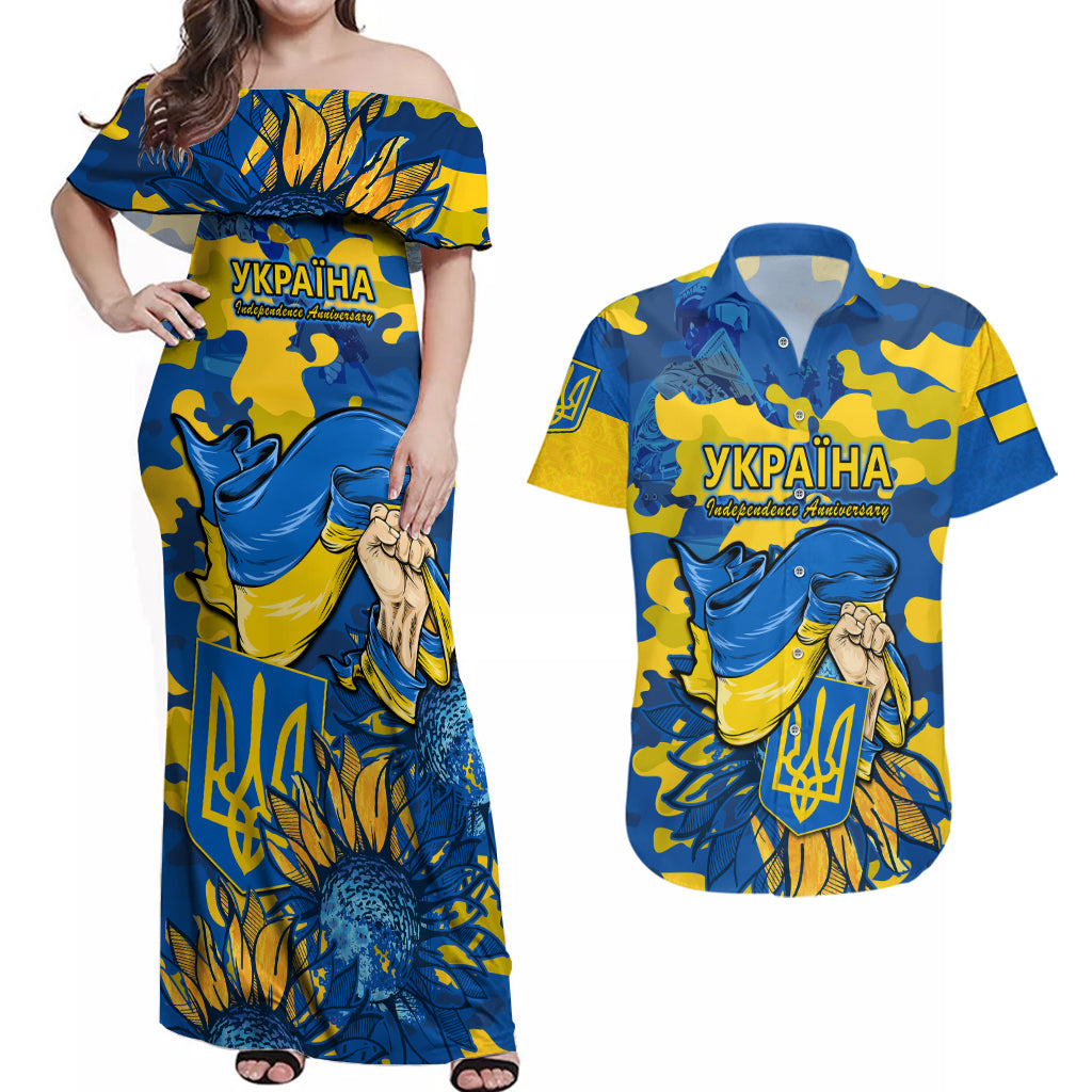 Ukraine Couples Matching Off Shoulder Maxi Dress and Hawaiian Shirt Glory To Ukraine 32nd Independence Anniversary LT9 - Wonder Print Shop