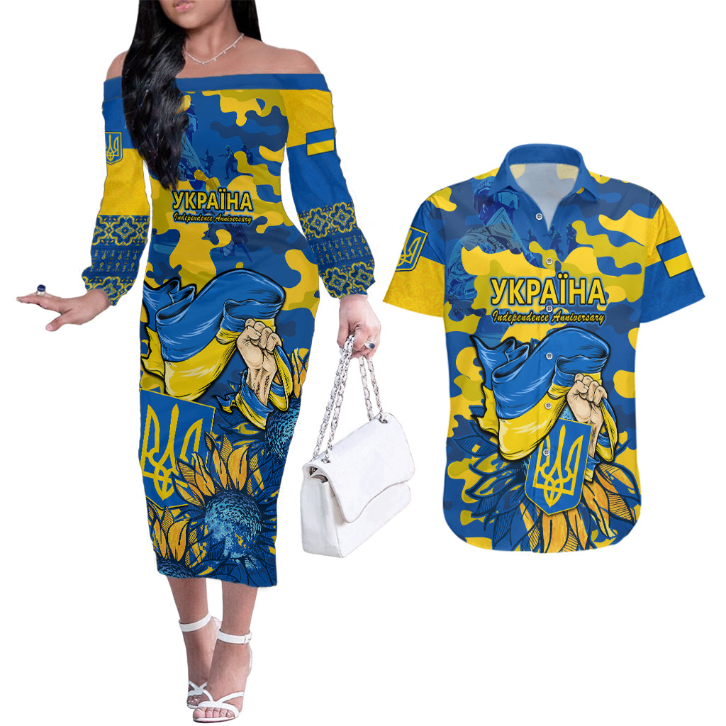 Ukraine Couples Matching Off The Shoulder Long Sleeve Dress and Hawaiian Shirt Glory To Ukraine 32nd Independence Anniversary LT9 - Wonder Print Shop