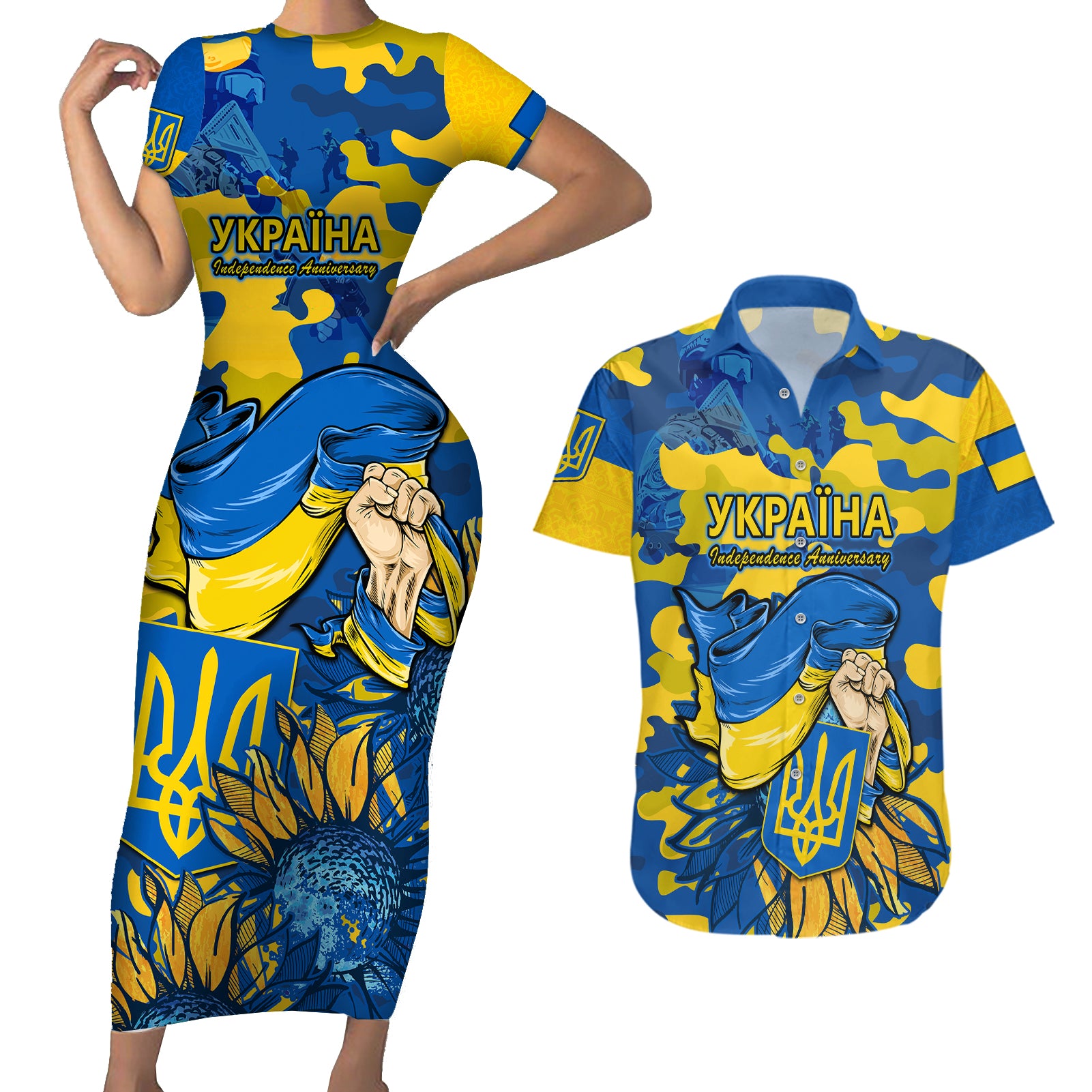 Ukraine Couples Matching Short Sleeve Bodycon Dress and Hawaiian Shirt Glory To Ukraine 32nd Independence Anniversary LT9 - Wonder Print Shop