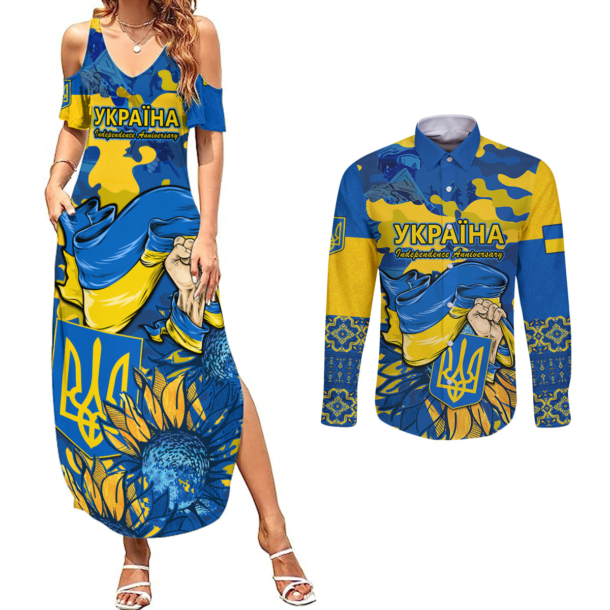 Ukraine Couples Matching Summer Maxi Dress and Long Sleeve Button Shirts Glory To Ukraine 32nd Independence Anniversary LT9 - Wonder Print Shop