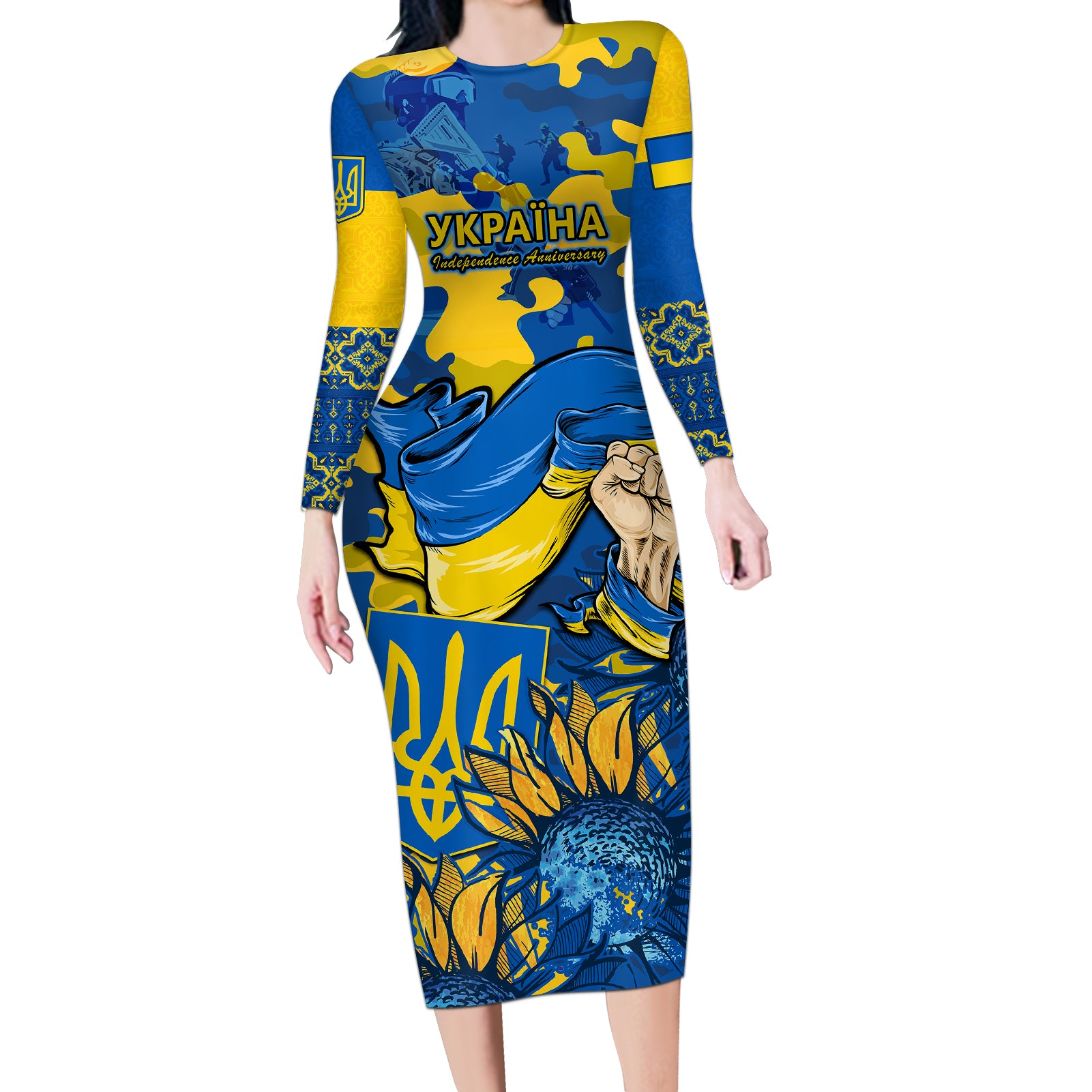 Ukraine Long Sleeve Bodycon Dress Glory To Ukraine 32nd Independence Anniversary - Wonder Print Shop