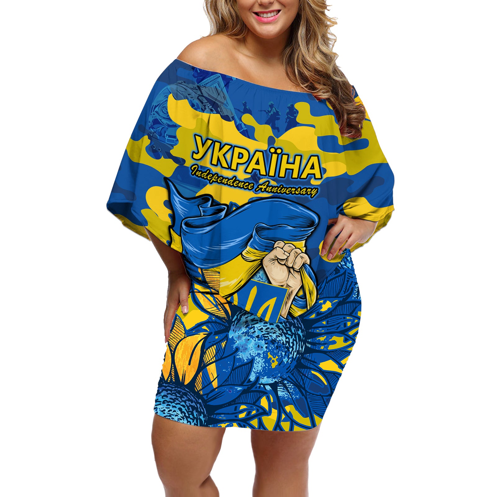 Ukraine Off Shoulder Short Dress Glory To Ukraine 32nd Independence Anniversary - Wonder Print Shop