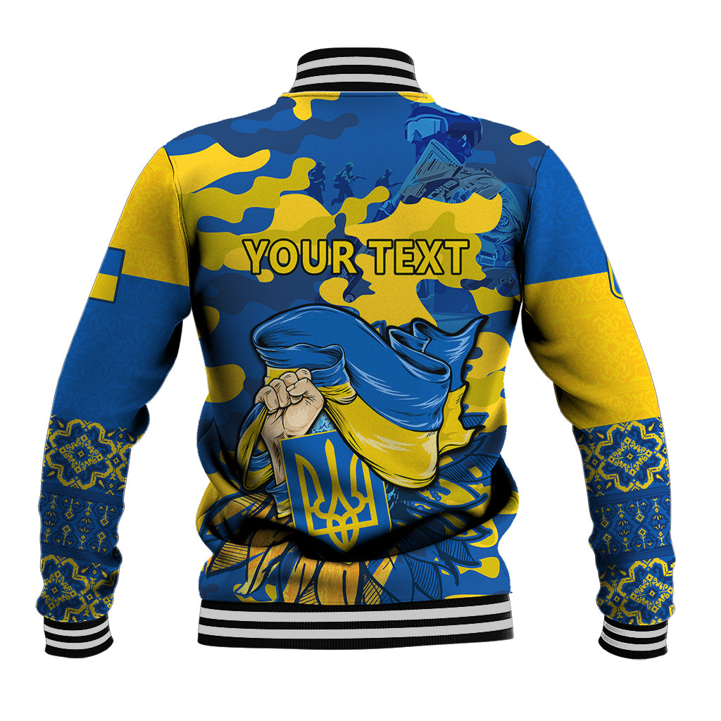 Unisex blue and yellow baseball jacket with striped collar and back 'YOURTEXT' graphic