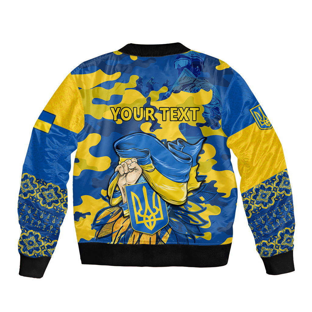 Blue and yellow bomber jacket with back graphic and 'YOURTEXT' custom text
